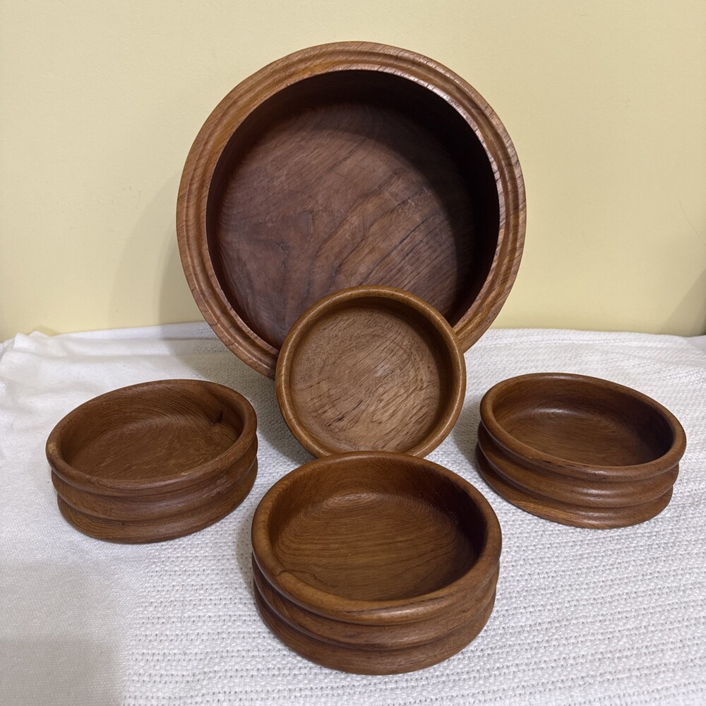 Vintage Kalmar Teak Wood Salad Bowl Set Ribbed MCM Thailand Set Of 5